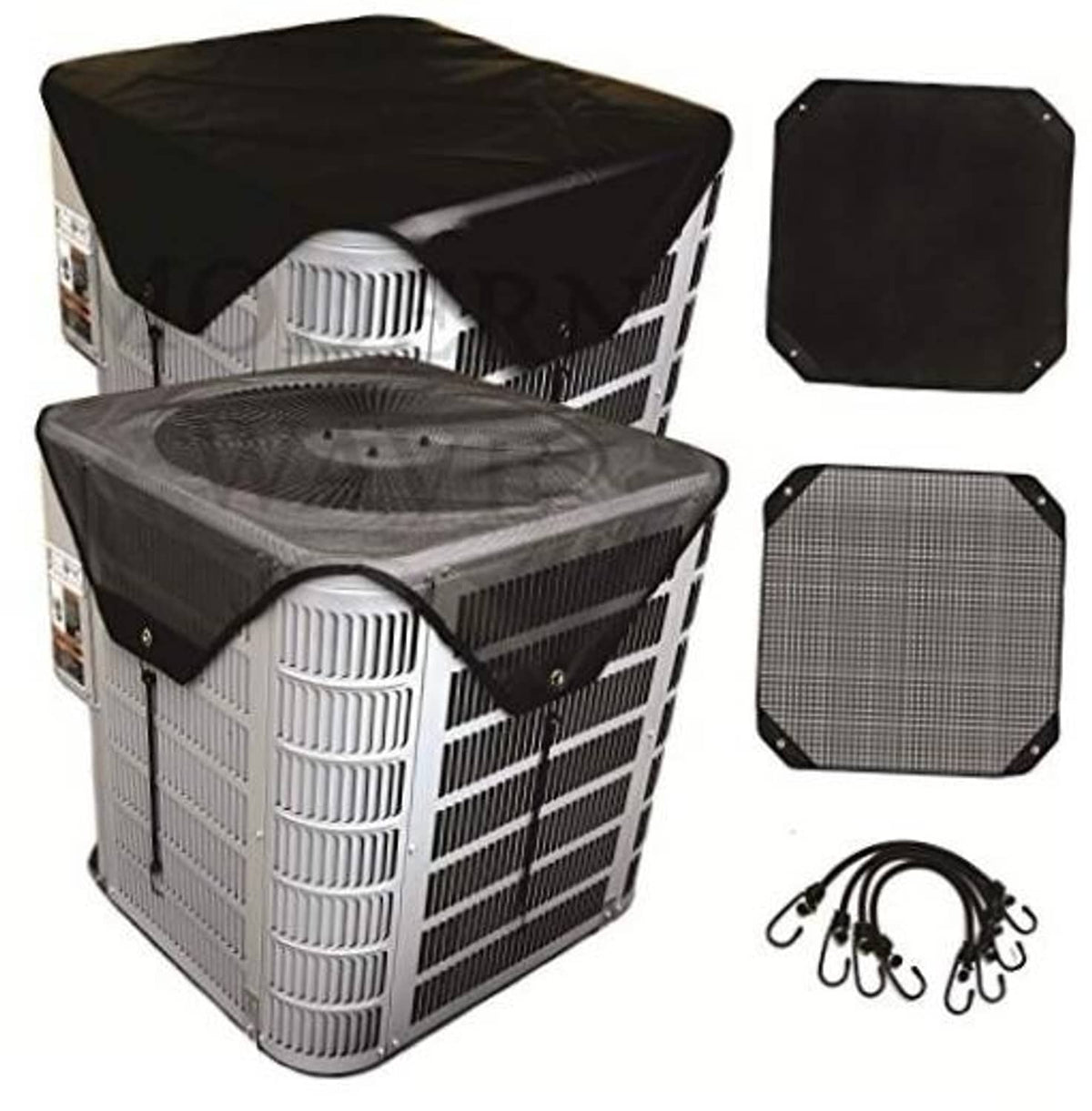 Outdoor AC condenser unit cover set for two units, black fitted fabric tops and sides