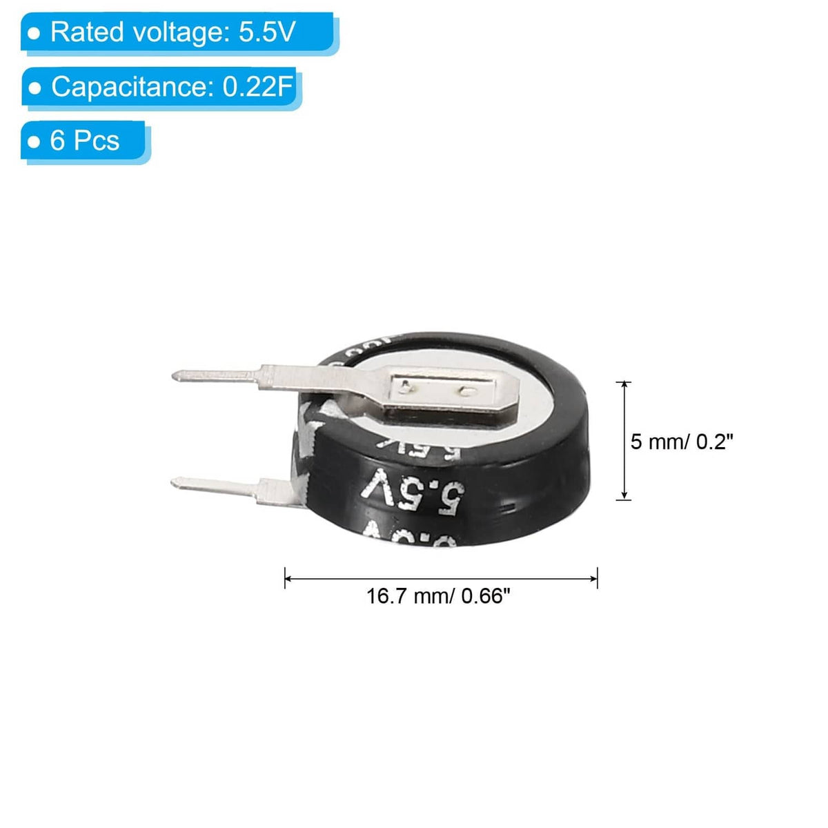 Single V-shaped button super capacitor with two leads and size dimensions shown