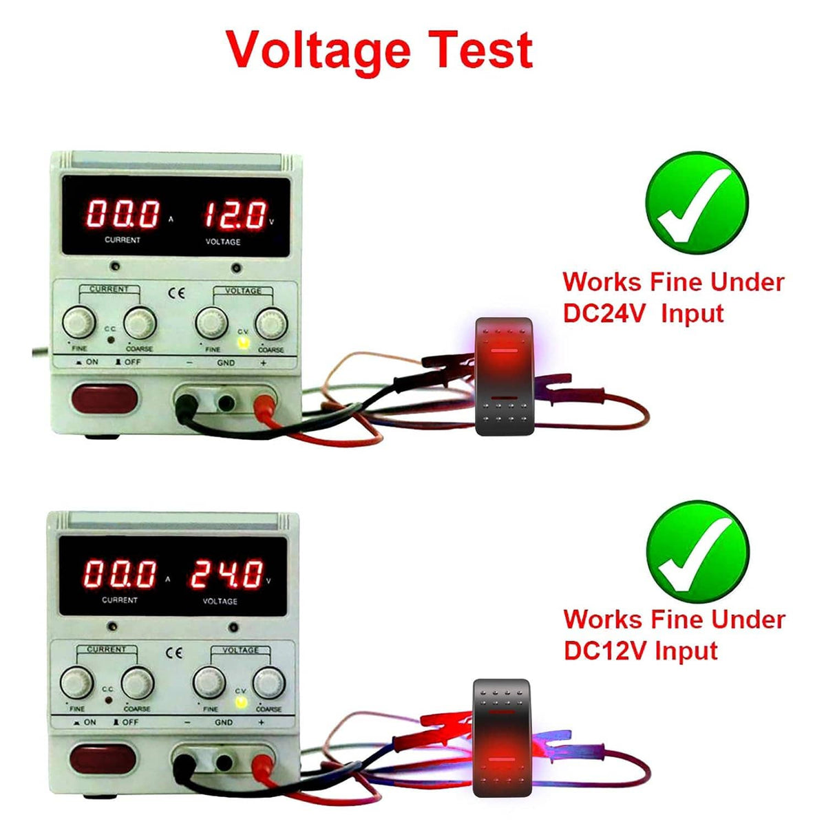 Rocker switch red LED power test setup showing works under DC 12V and DC 24V