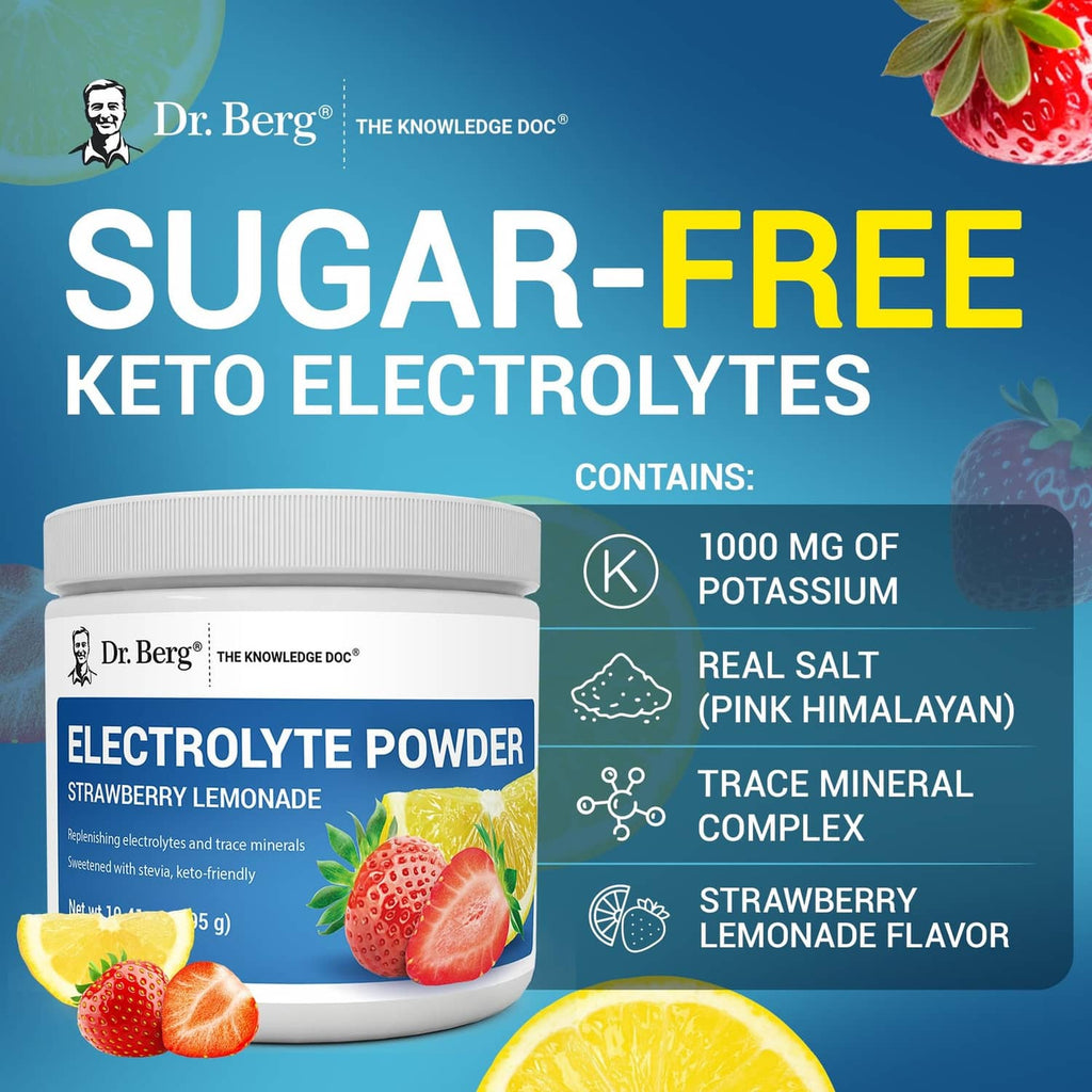 Electrolyte powder jar with Sugar-Free Keto Electrolytes label and strawberry-lemonade graphics.