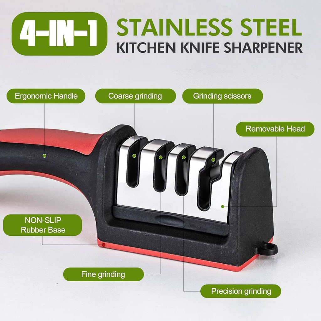 4-in-1 kitchen knife sharpener with black body, red handle, and removable sharpening head