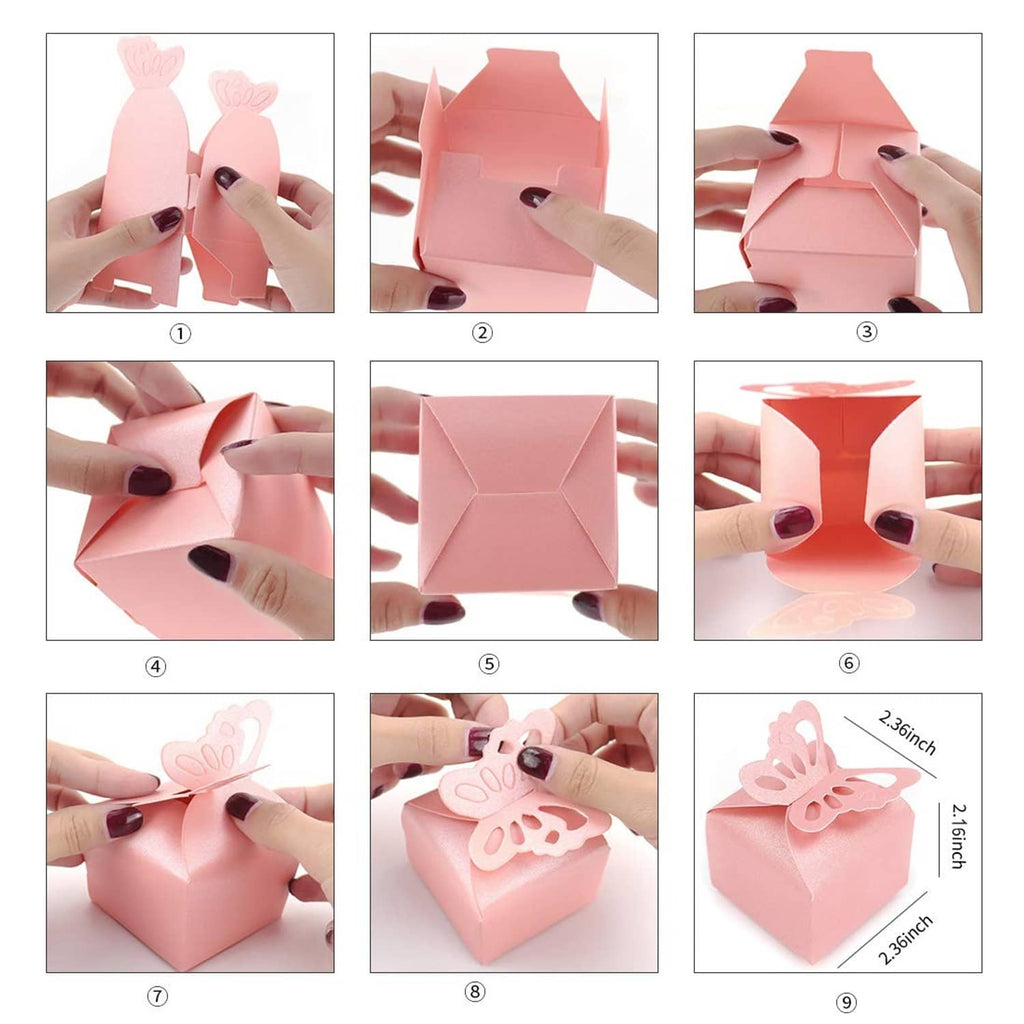 Foldable butterfly favor boxes, decorative lid flaps shown during assembly
