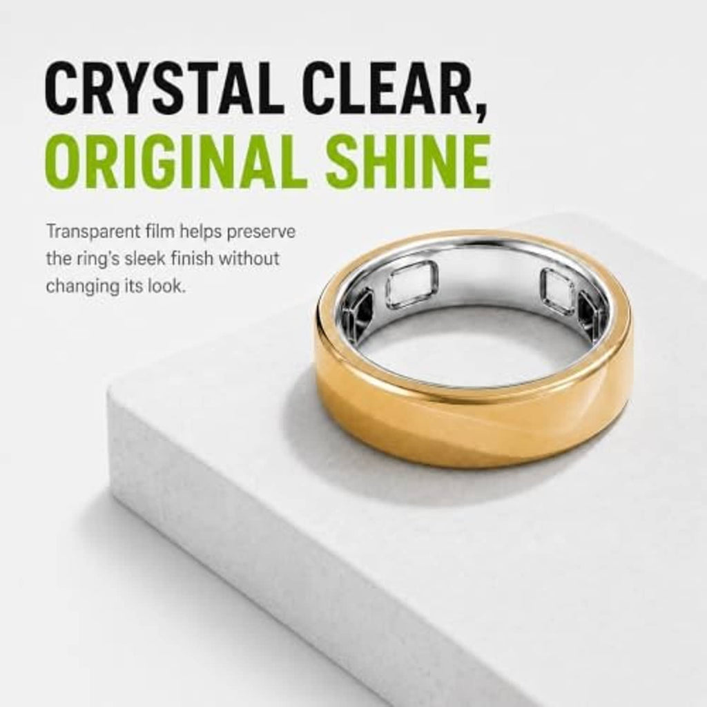 Crystal-clear protective film over gold Oura Ring 5 cover, original shine