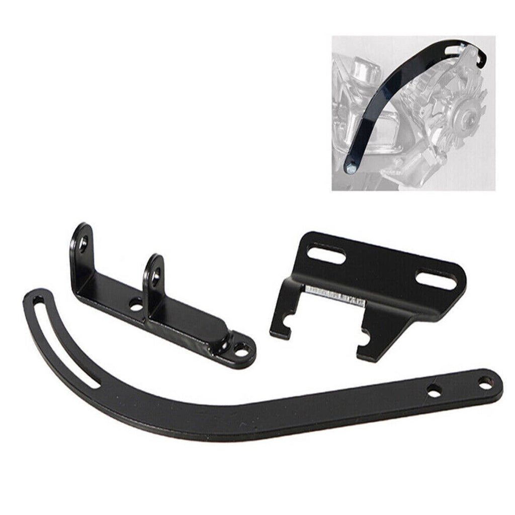 Black metal water pump alternator bracket kit: curved strap and mounting hardware