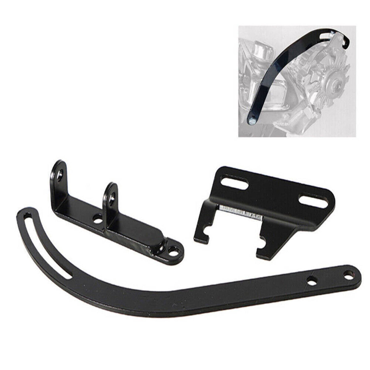 Black metal water pump alternator bracket kit: curved strap and mounting hardware
