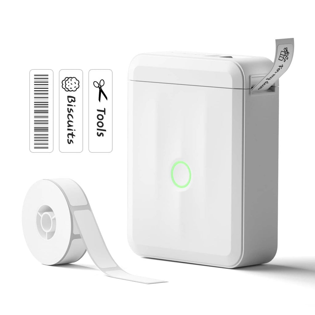 White mini thermal label maker with label roll dispensing