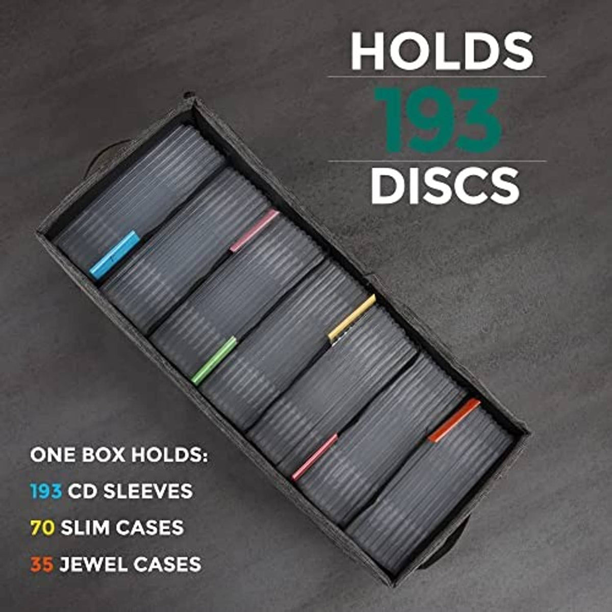 Gray CD storage box with lid, tilted view showing rows of disc sleeves