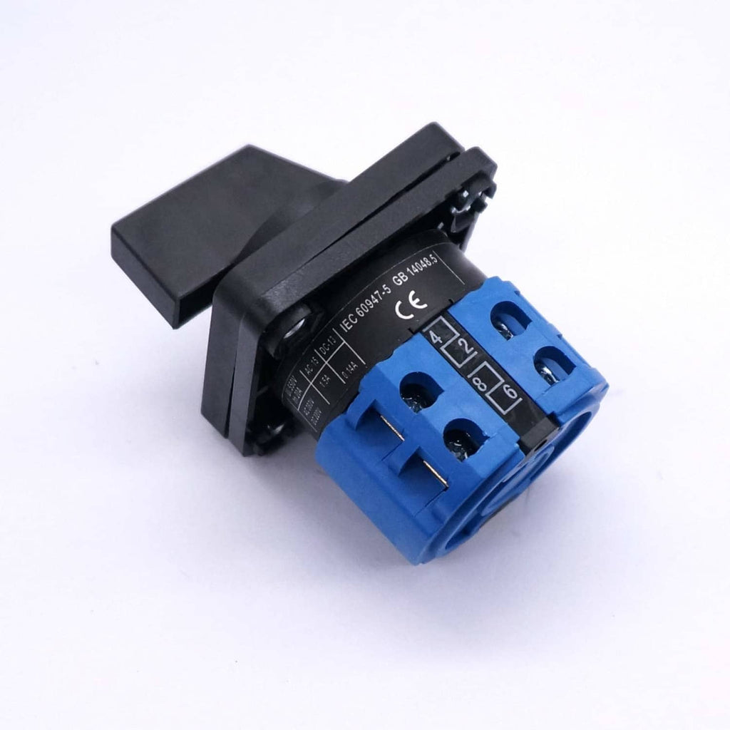 Rear view of 4-position changeover rotary switch with blue terminal block and markings