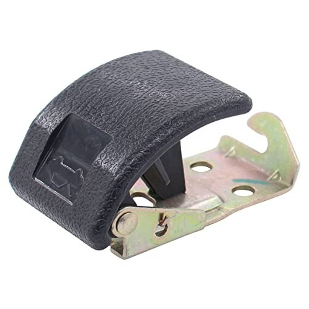 Hood lock release handle featuring black textured cover and zinc-plated metal base
