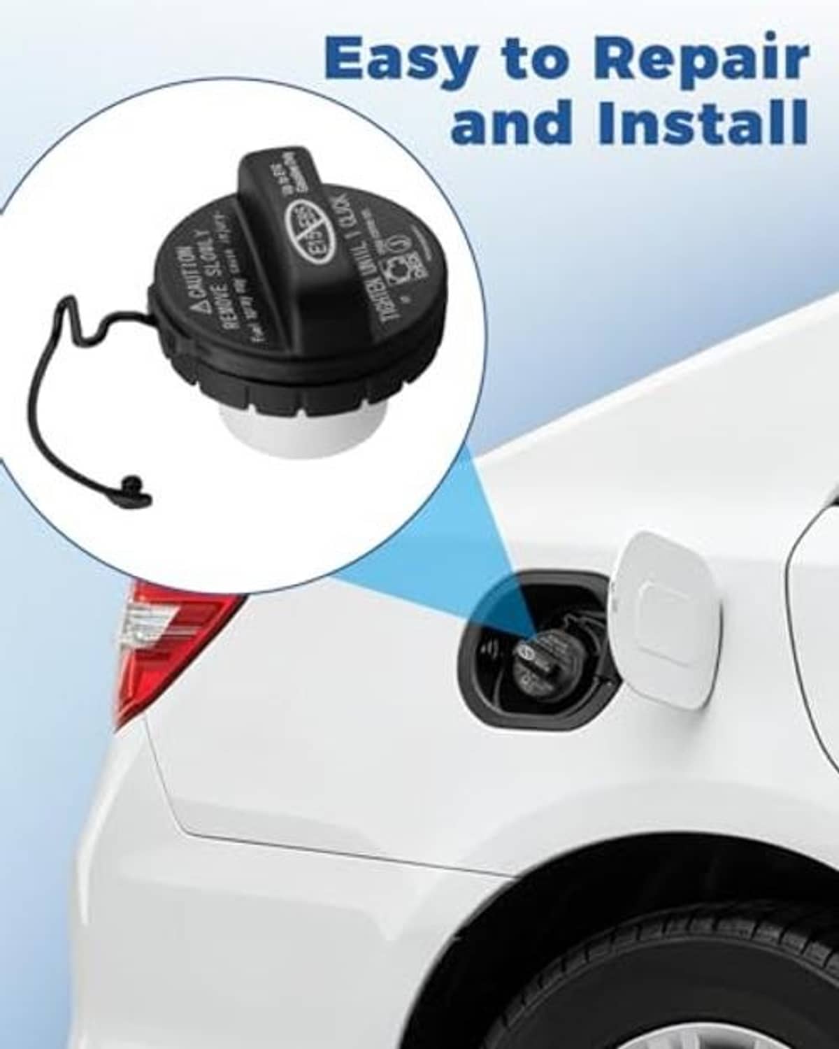 Fuel tank filler cap installed on car fuel door, tether cord leads to cap