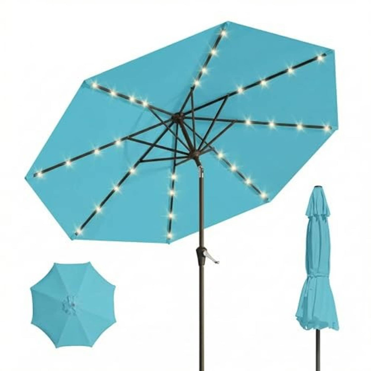 Open sky blue patio umbrella with warm LED light beads and central pole