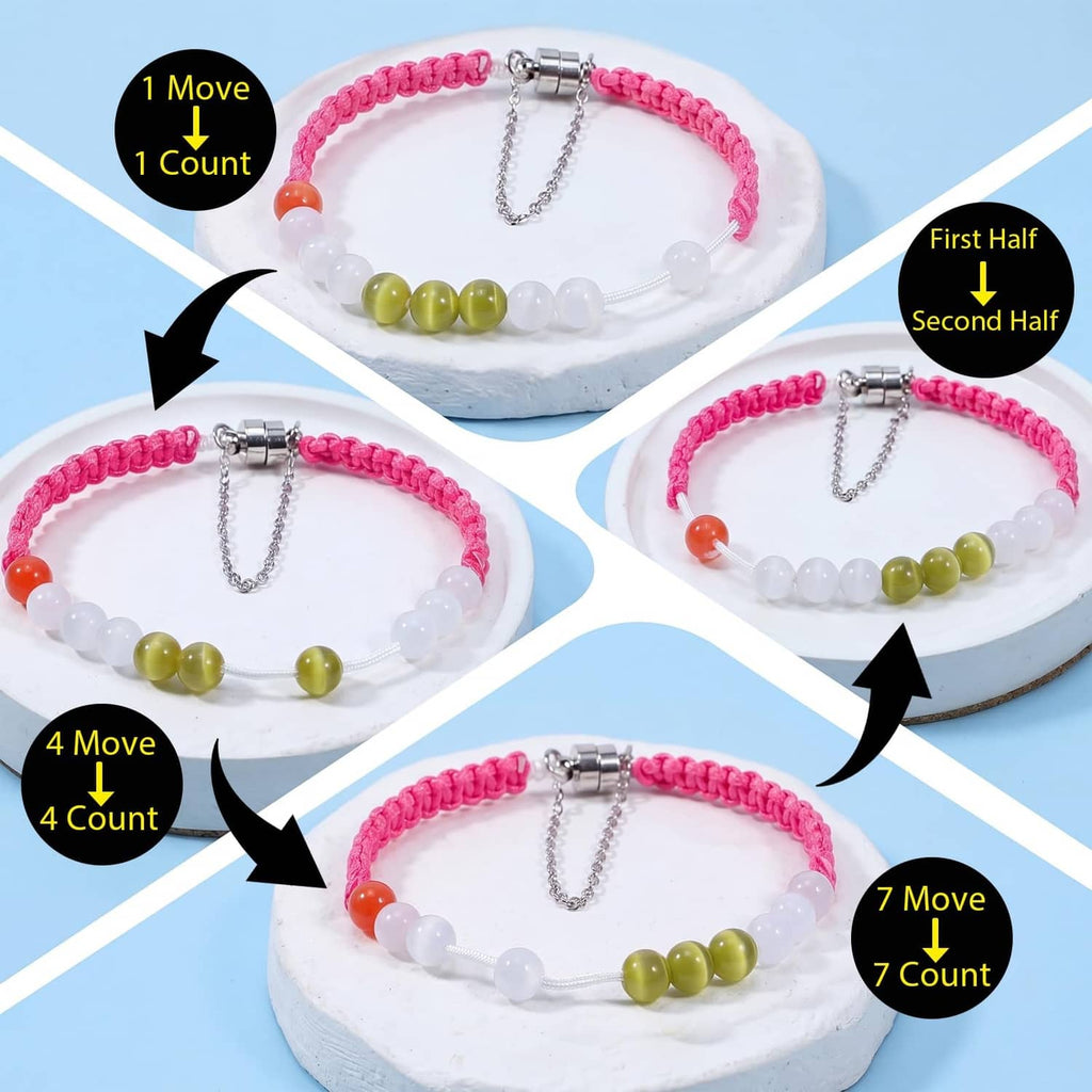 Pink braided stroke counter bracelet set with magnetic clasp and green and white bead segments