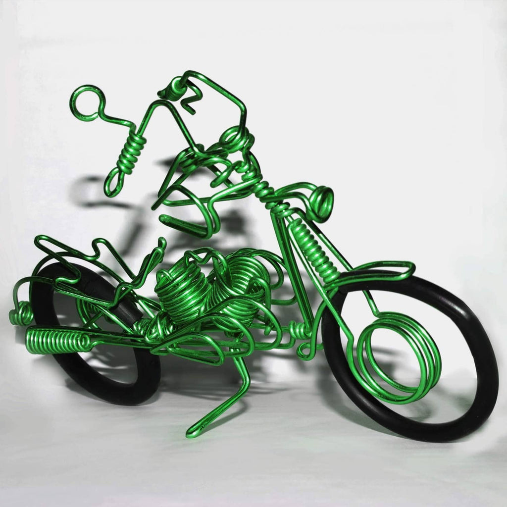 Green aluminum wire motorcycle sculpture with front and rear wheels and spring details
