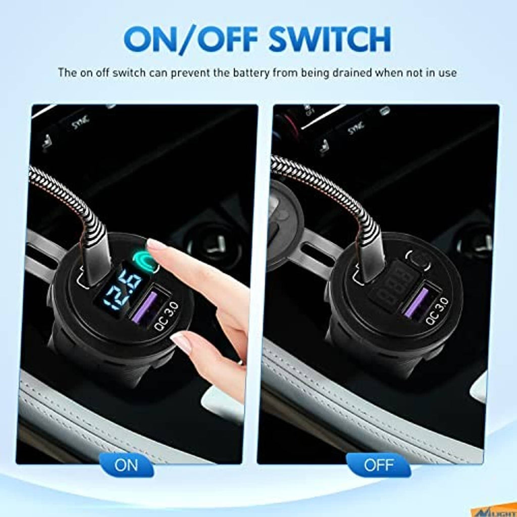USB-C car charger socket with on/off switch and blue voltmeter display, finger pressing