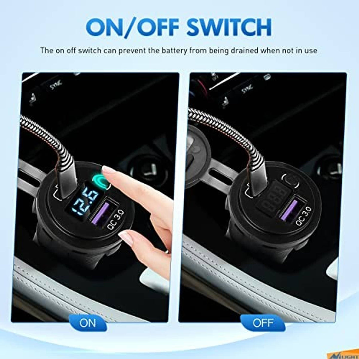 USB-C car charger socket with on/off switch and blue voltmeter display, finger pressing