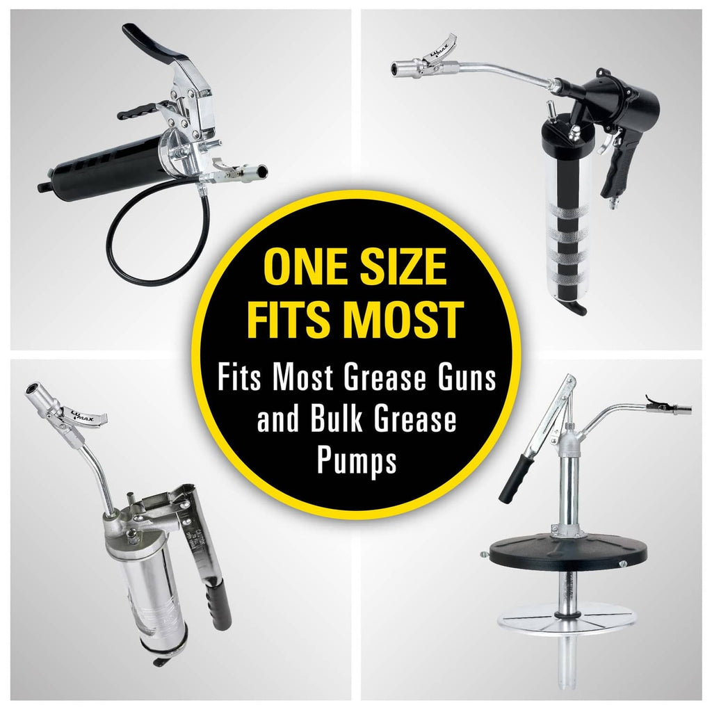 Quick release grease coupler shown with grease guns and lever handle