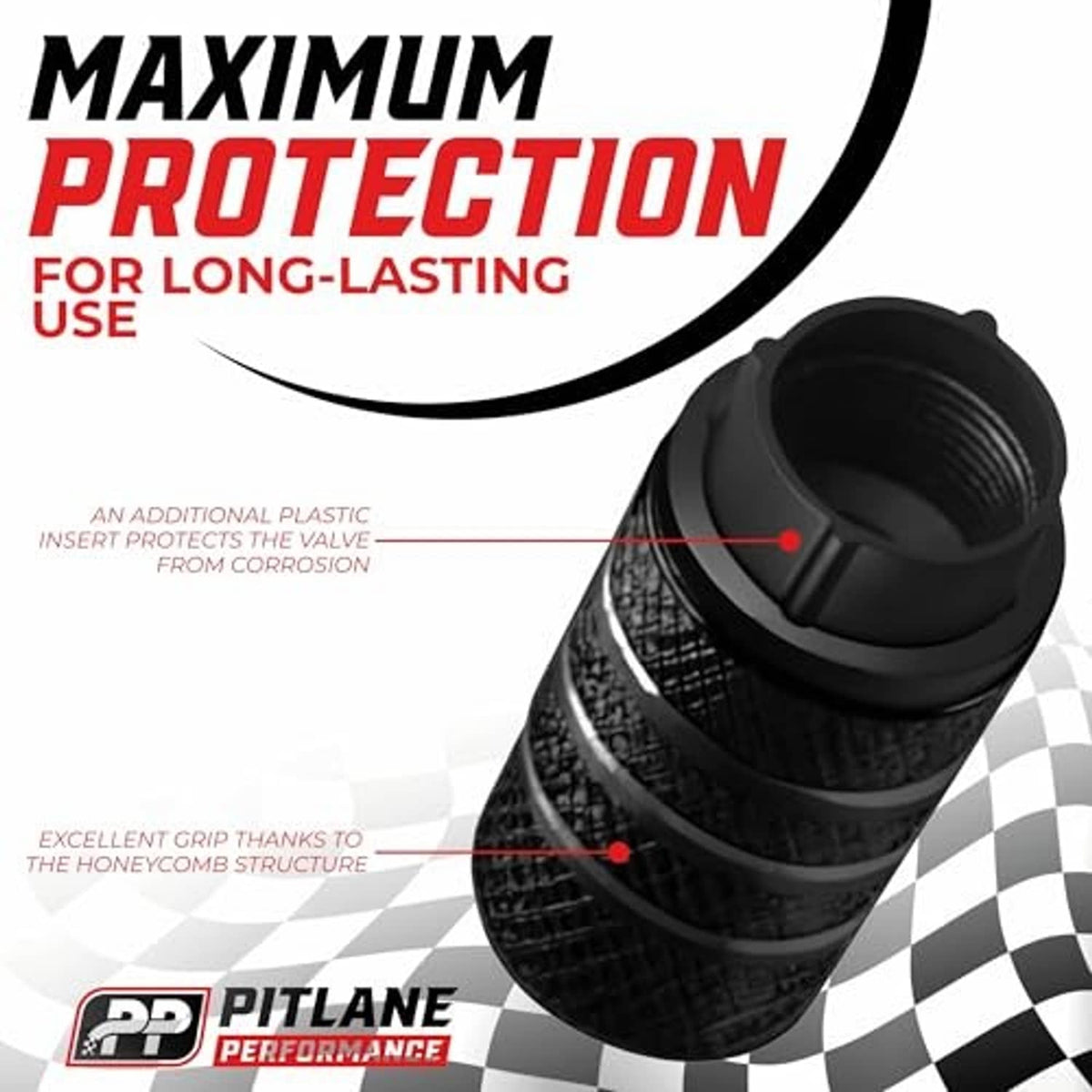 Black aluminum tire valve stem cap with engraved U.S. flag top and visible internal thread.