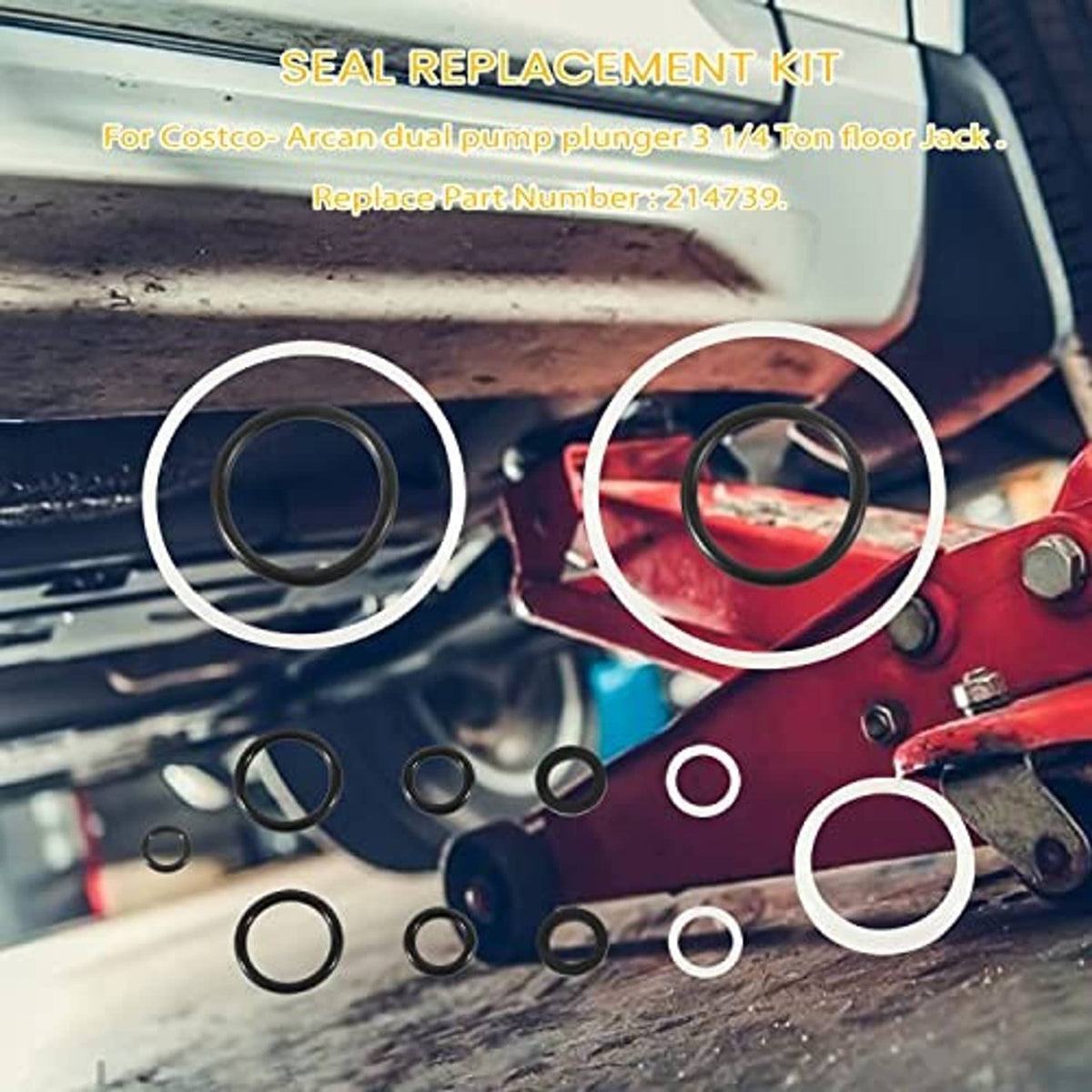 Floor jack hydraulic seal replacement kit with black seals and O-rings on metal jack