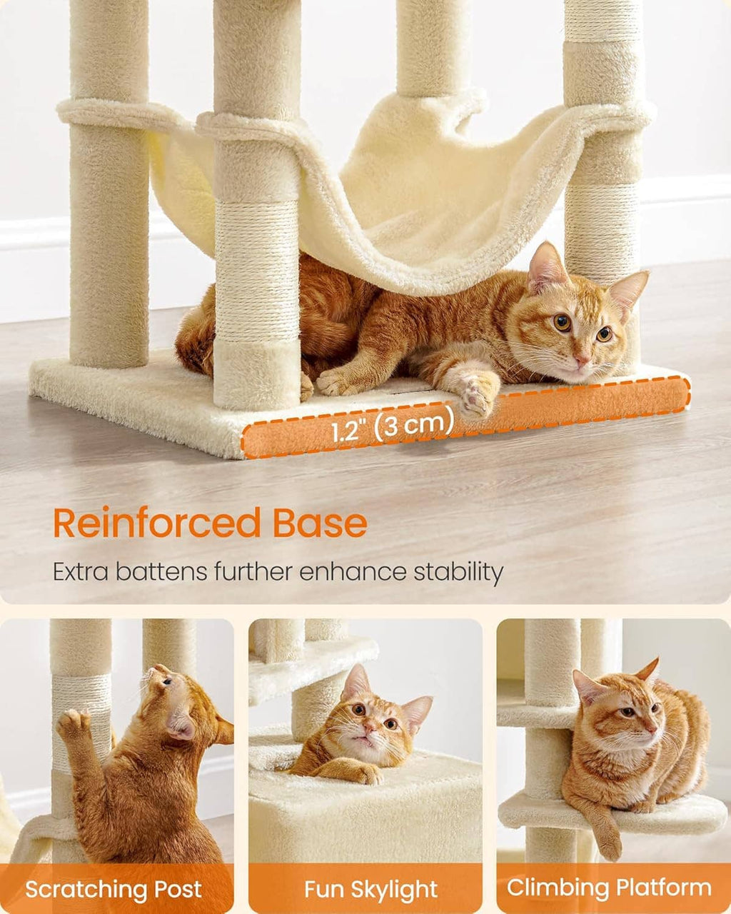 Cream plush cat tree base with hammock swing perch and wrapped scratching posts