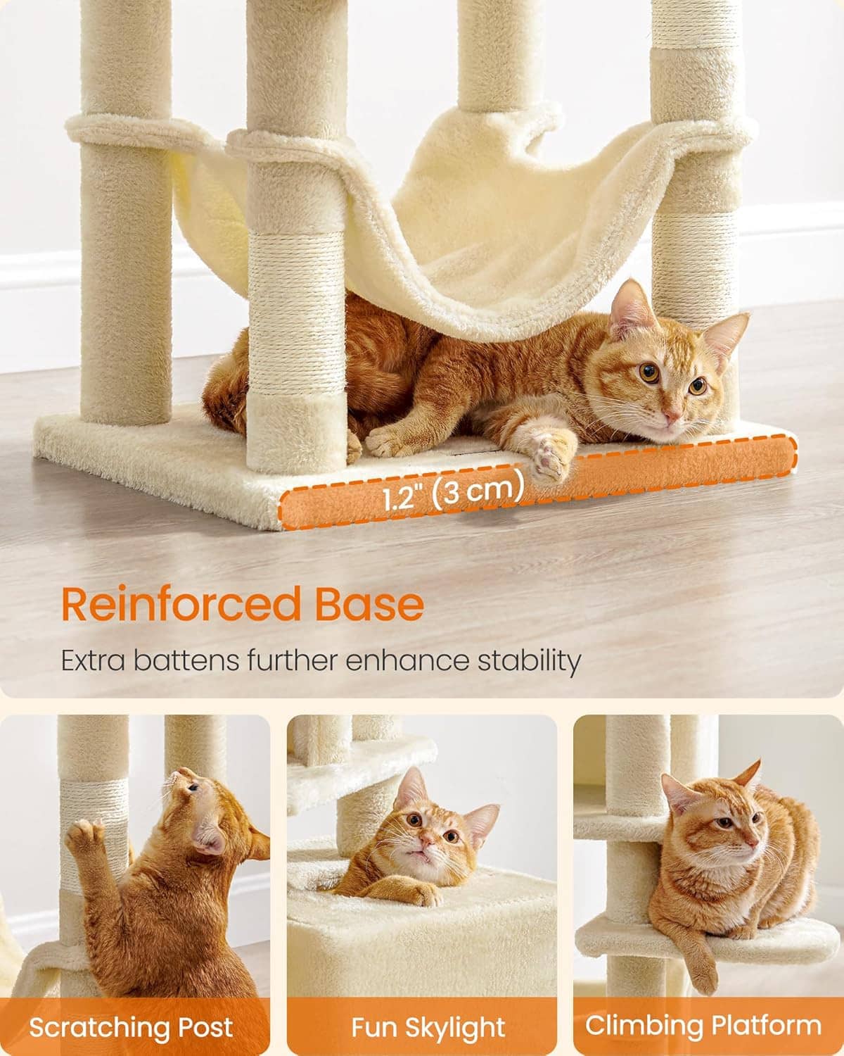 Cream plush cat tree base with hammock swing perch and wrapped scratching posts