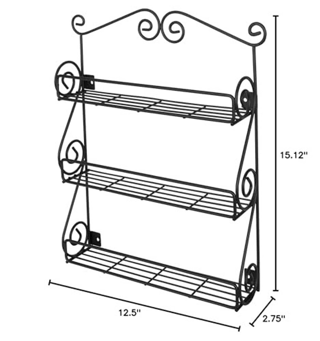 Black scroll-style wall mount spice rack with three wire shelves