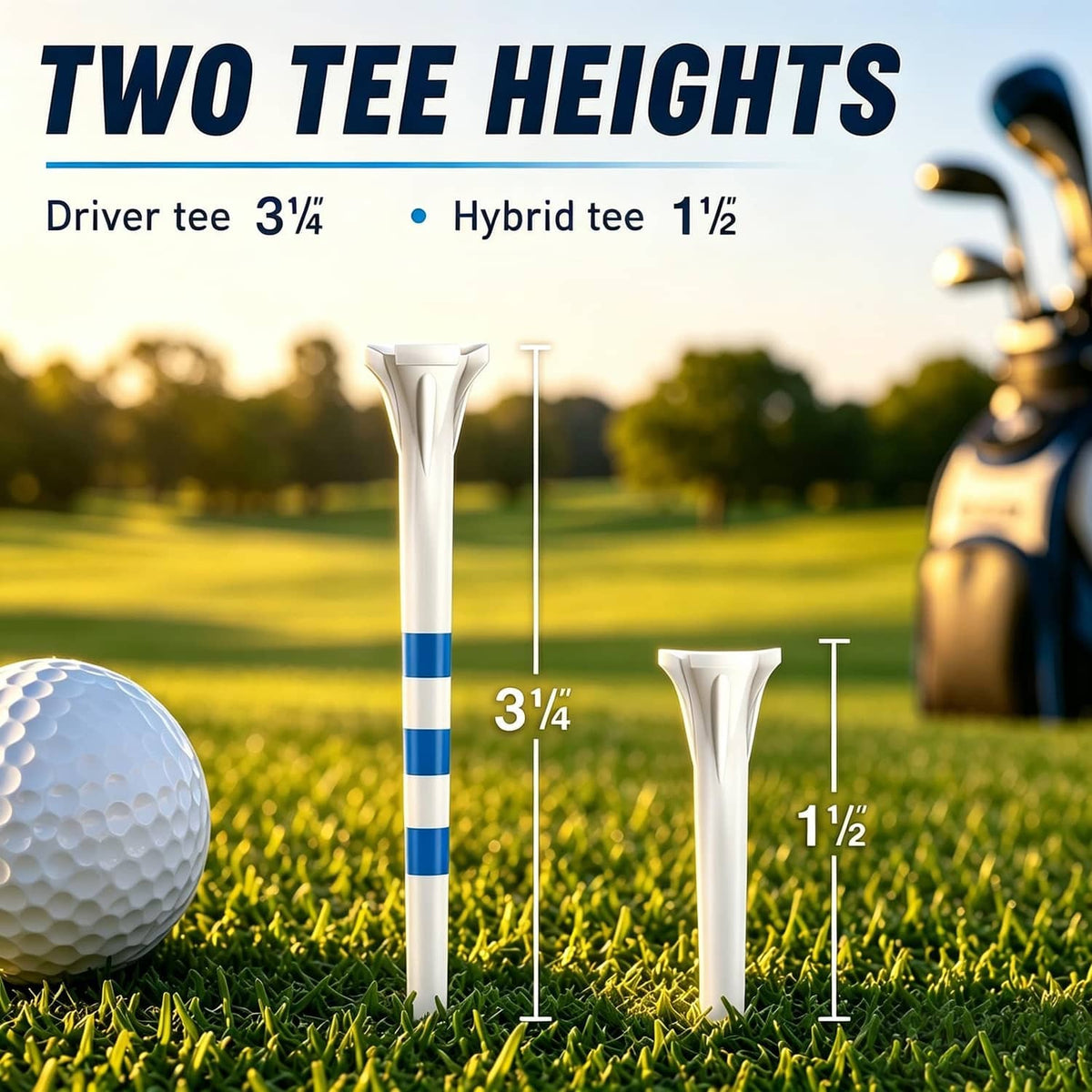 Two golf tee heights shown: 3-1/4-inch driver tee and 1-1/2-inch hybrid tee, white/blue