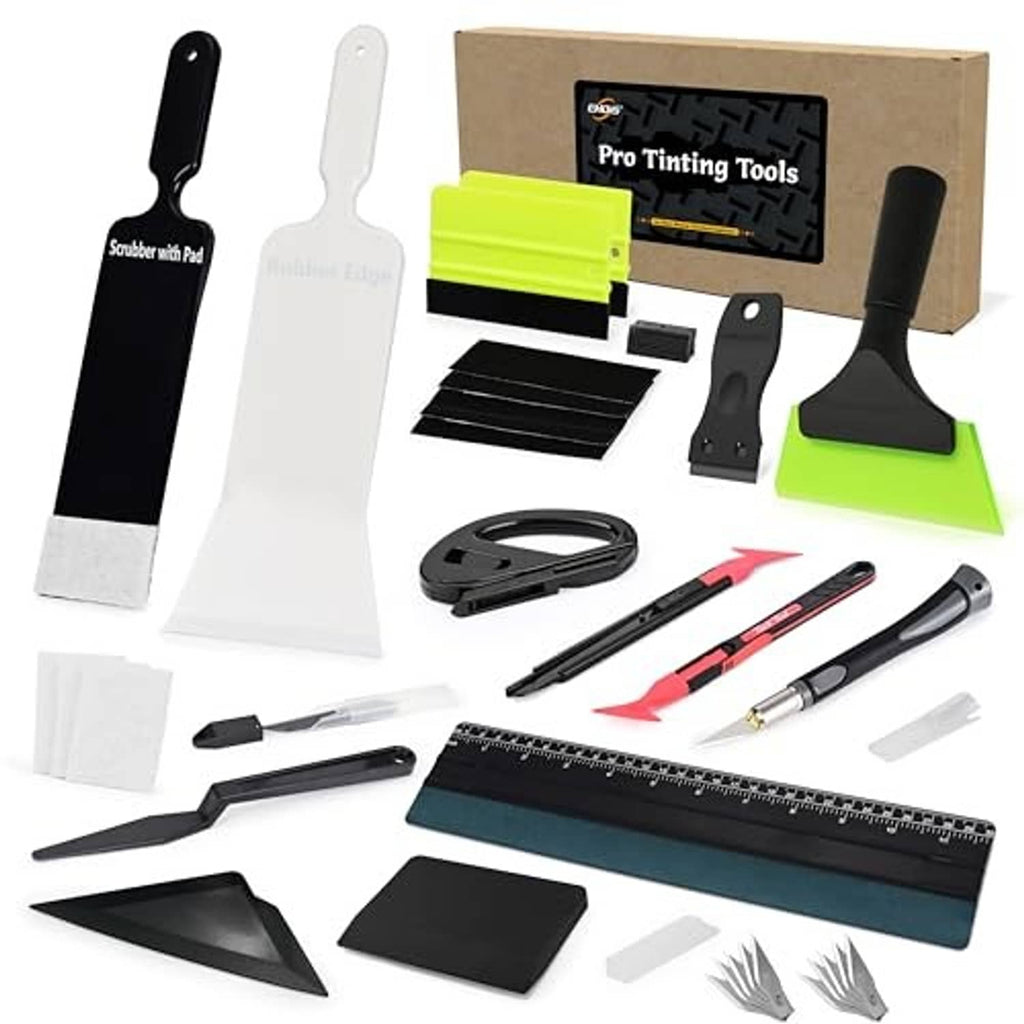 Vinyl tint and wrap tool set with squeegees, scrapers, ruler, and cutting accessories