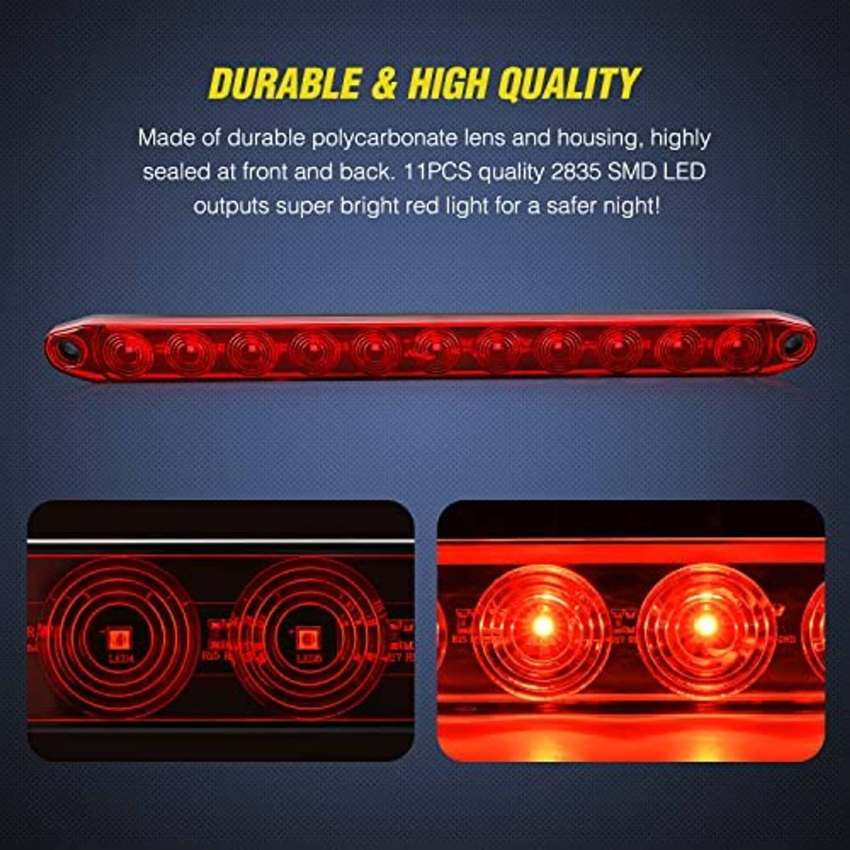 Single red 11-LED trailer light bar with evenly spaced circular LED lenses