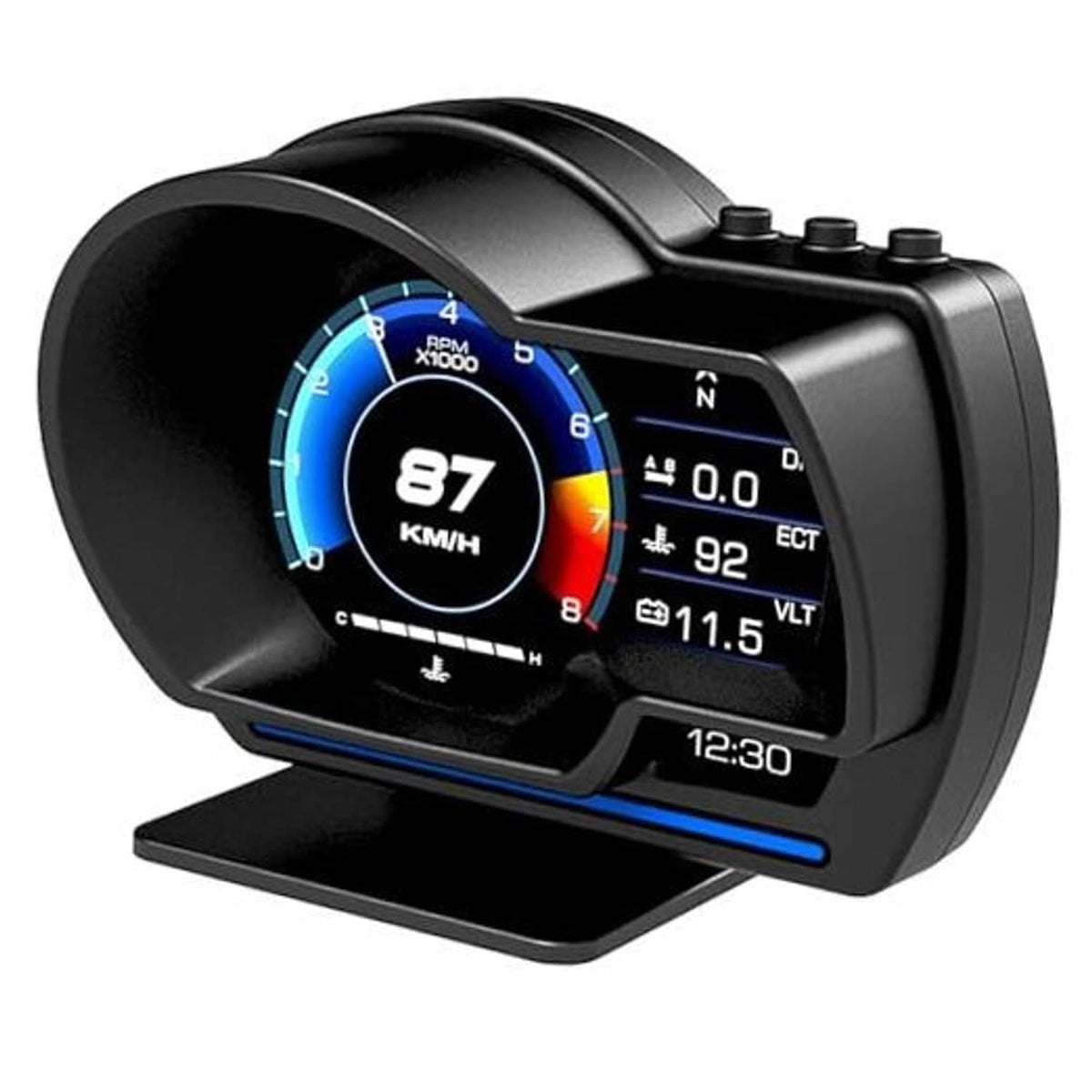 Black OBD2 GPS HUD smart gauge with blue circular speed dial and right-side data screen