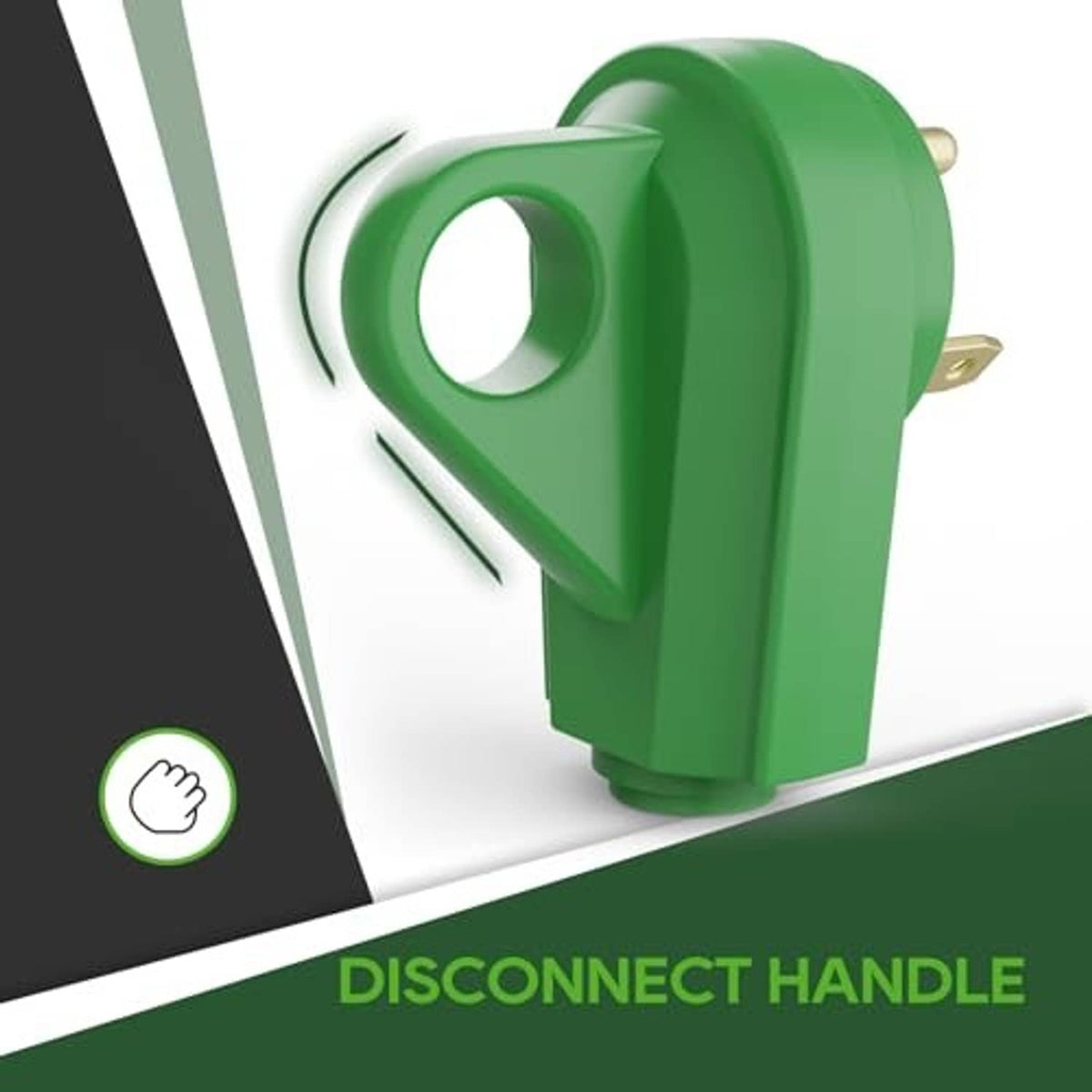 Green NEMA TT-30P RV plug with extended disconnect handle and grounding blade