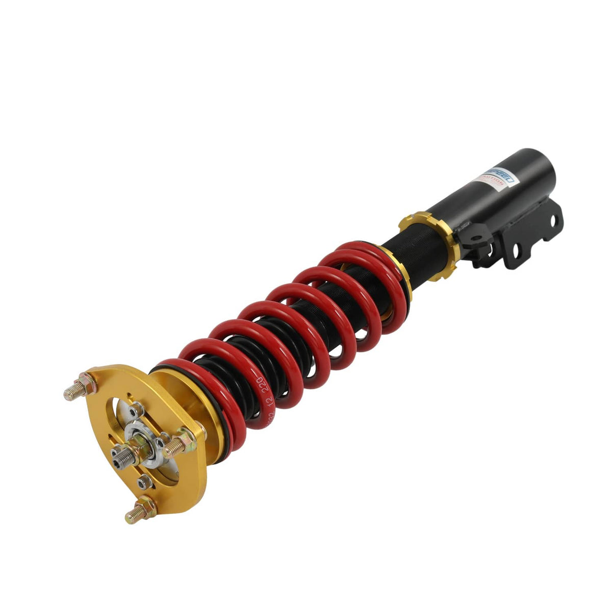 Single coilover strut with red coil spring, black mount, and gold spring perch