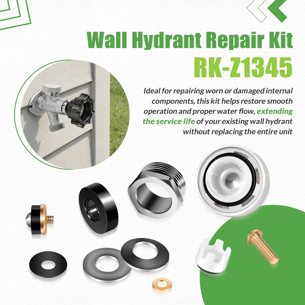 Wall hydrant repair kit set with black and metal gaskets, o-ring, and brass screw