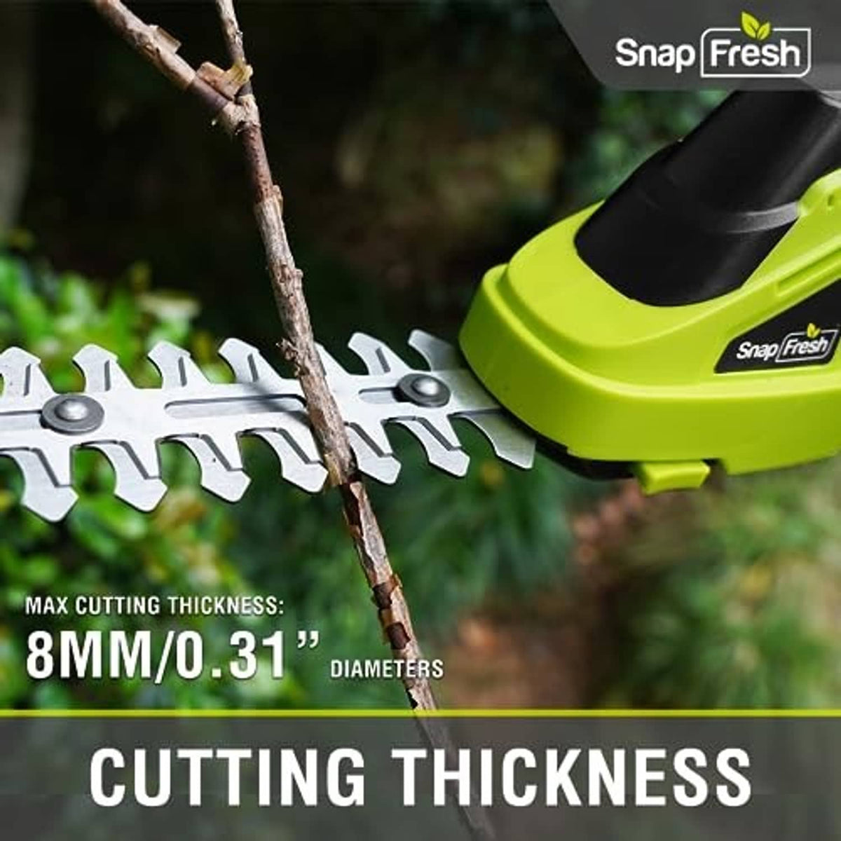Close-up of lime green hedge trimmer blade cutting a small branch.