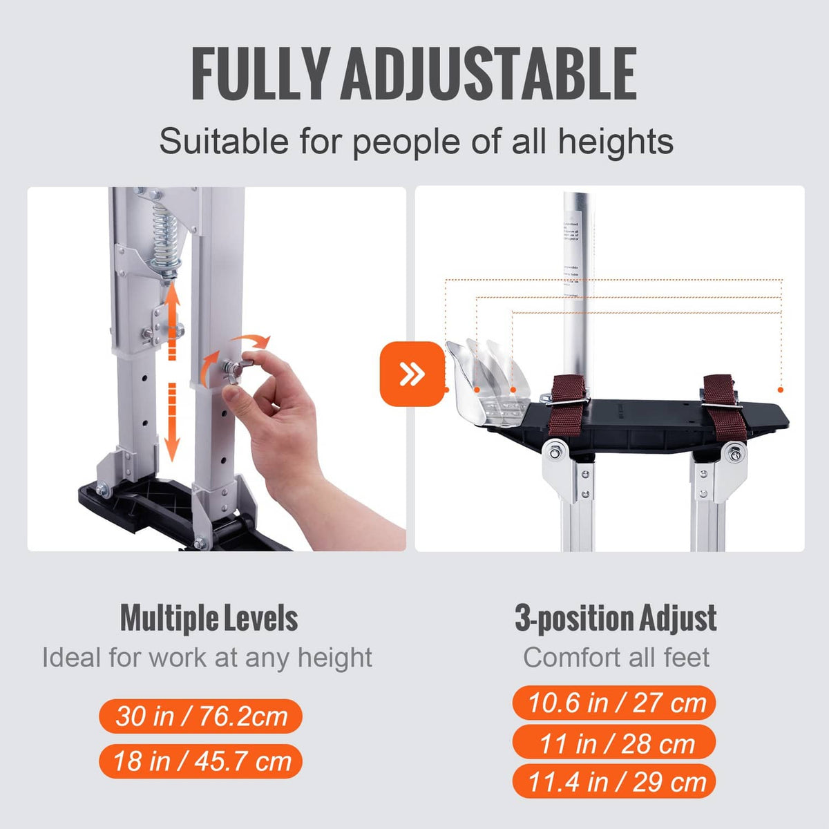 Fully adjustable drywall stilts with multiple height settings and wide knee pads