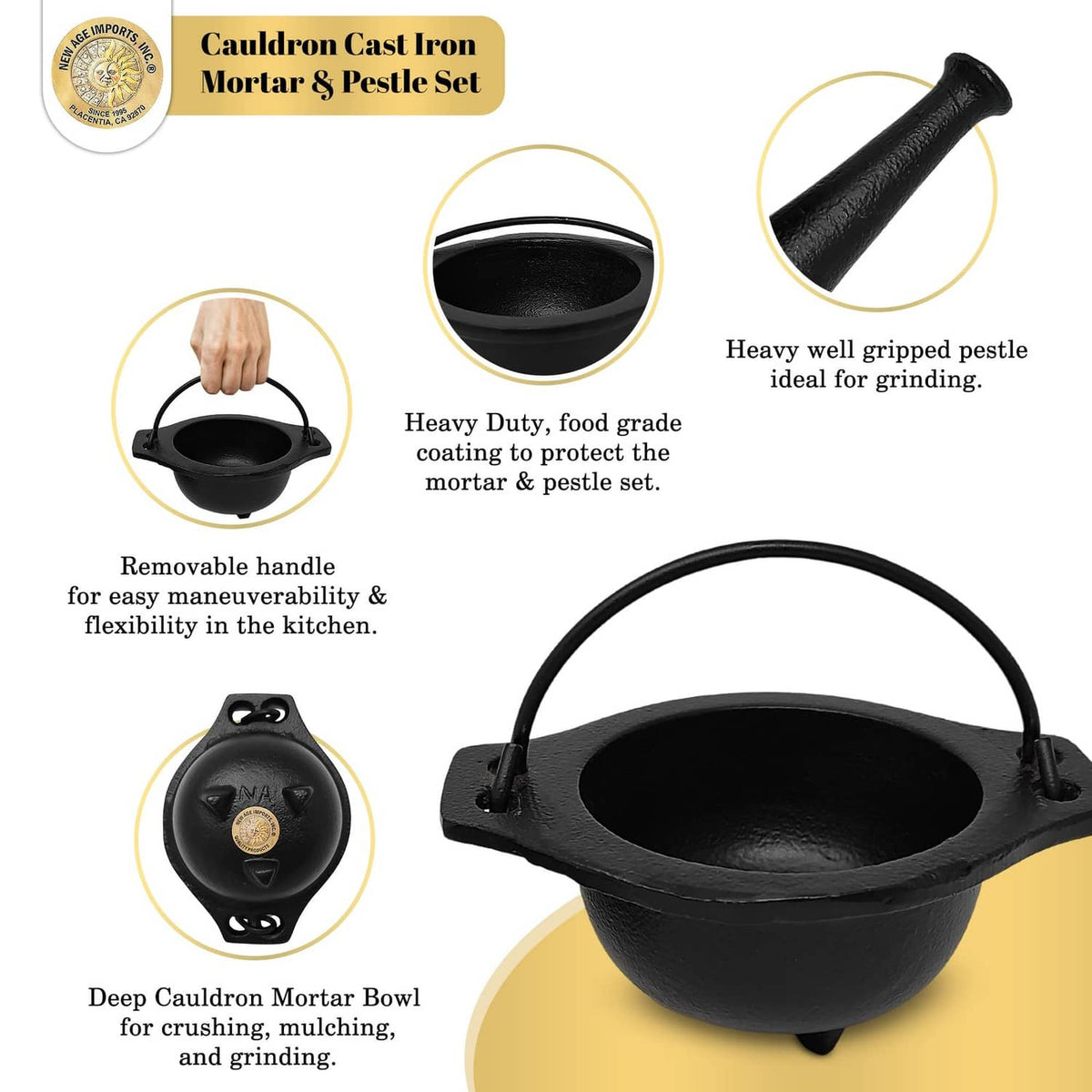 Black cast iron cauldron mortar with removable handle and pestle