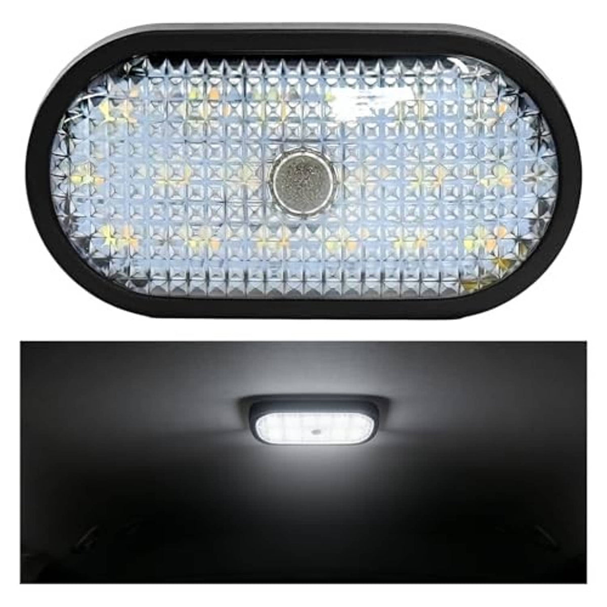Oval LED dome light with black frame, central round lens, and clear multi-LED face