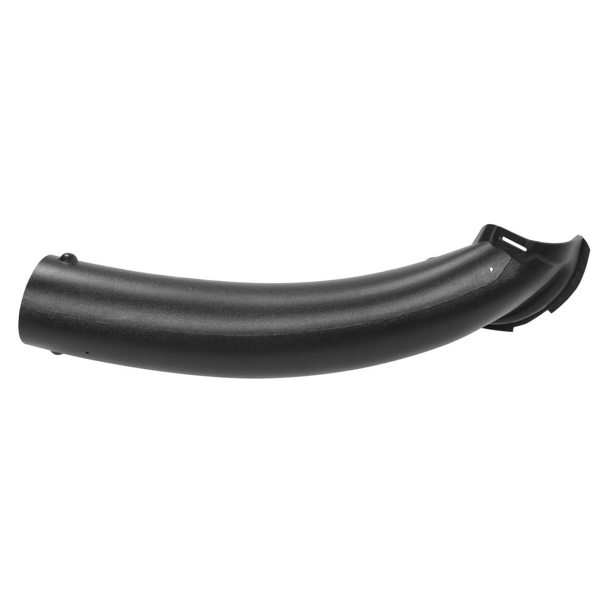 Black curved lawn mower chute with end bracket and smooth textured surface