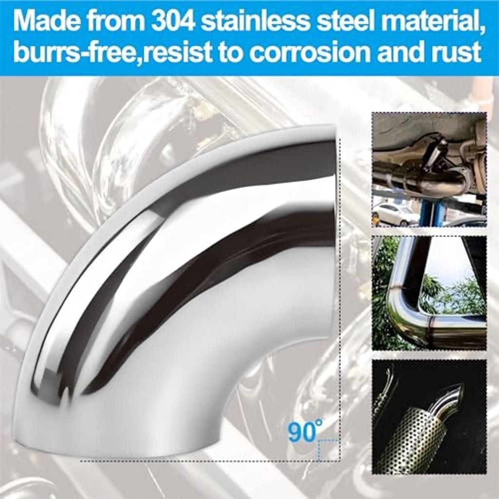 Stainless steel 90-degree elbow bend for exhaust piping, smooth reflective finish
