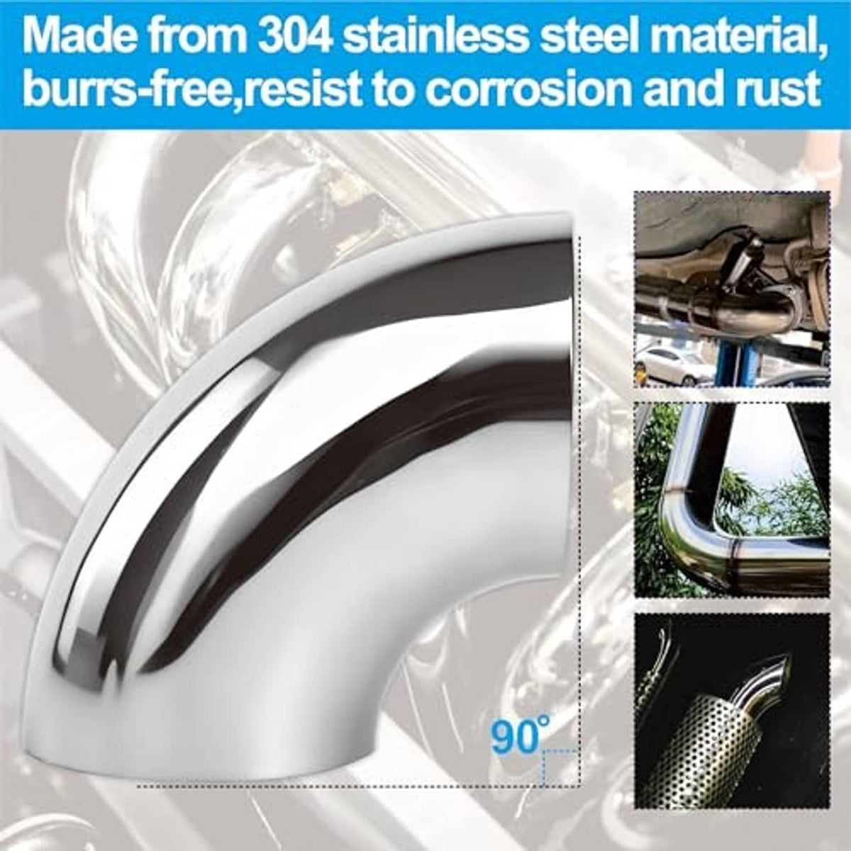 Stainless steel 90-degree elbow bend for exhaust piping, smooth reflective finish