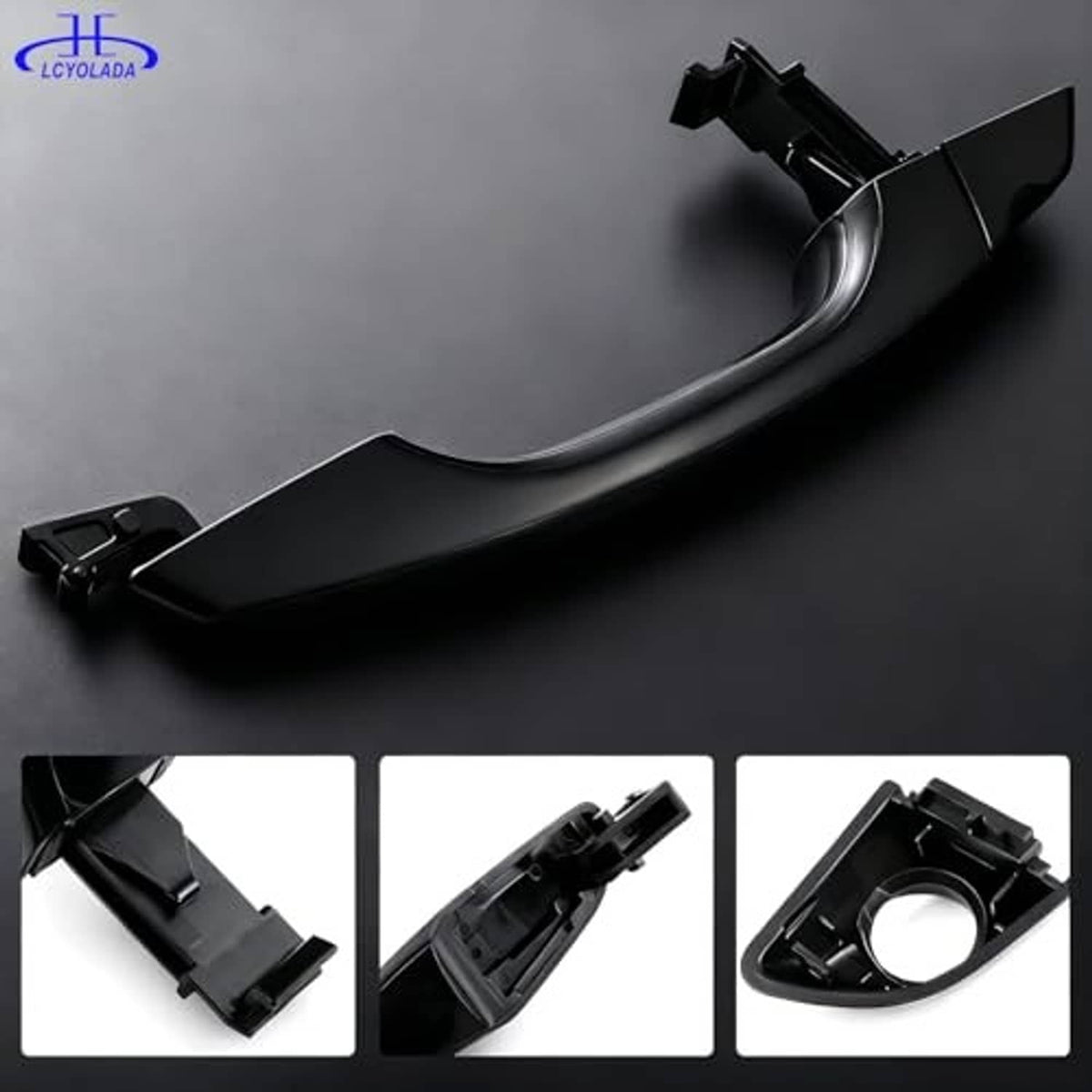 Front left exterior door handle with curved grip and rectangular mounting bracket