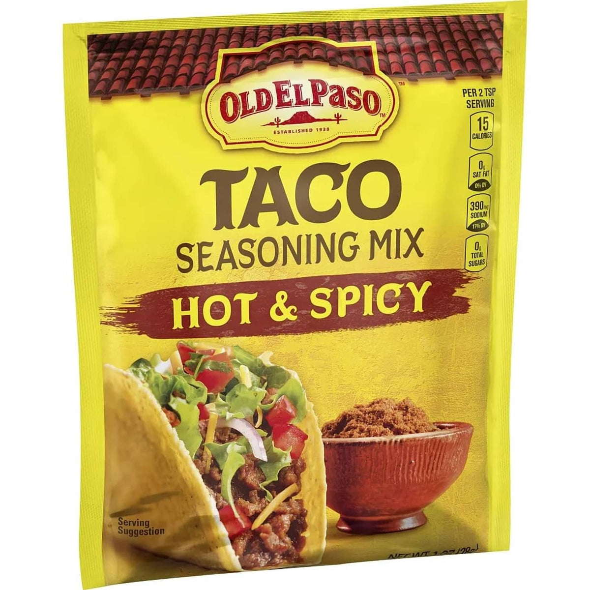 Old El Paso Hot & Spicy taco seasoning mix pouch with taco serving image