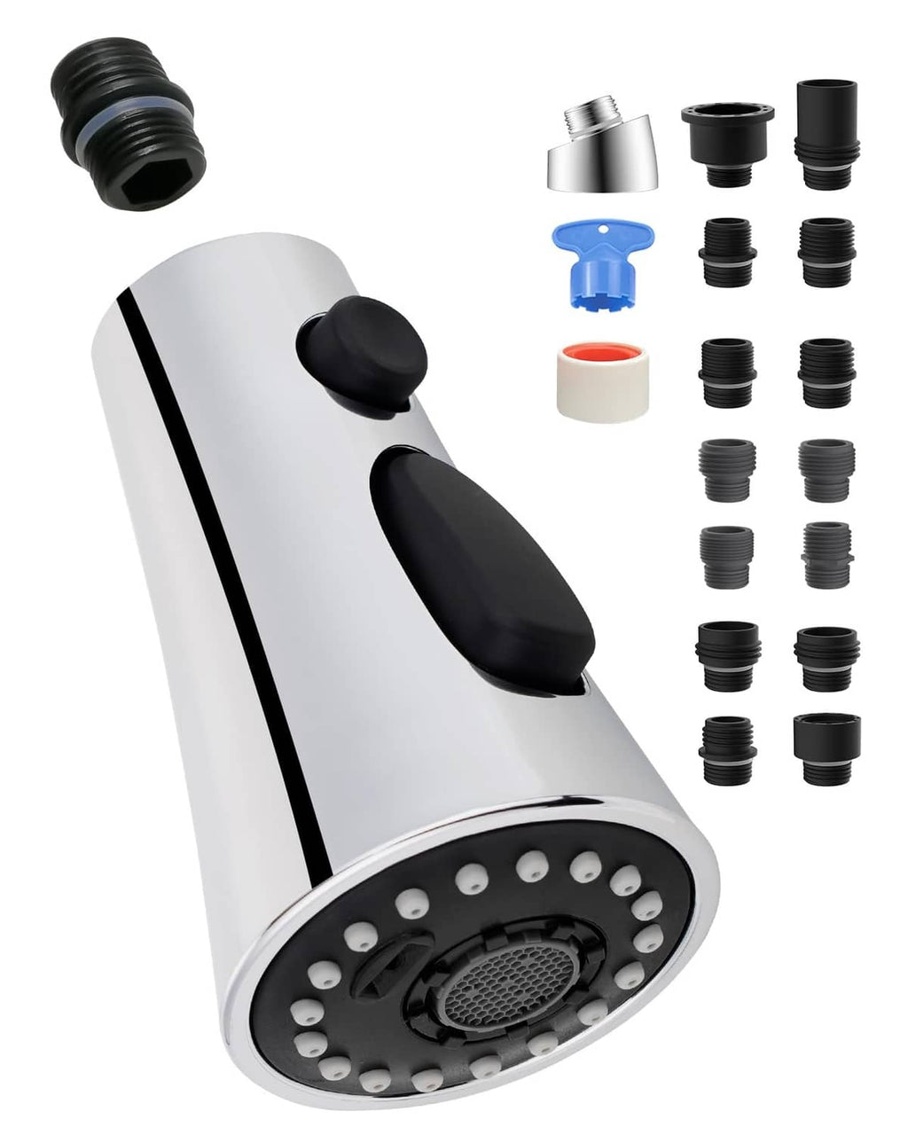 Chrome universal faucet sprayer head with black control knobs and silicone nozzle