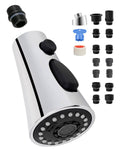 Chrome universal faucet sprayer head with black control knobs and silicone nozzle