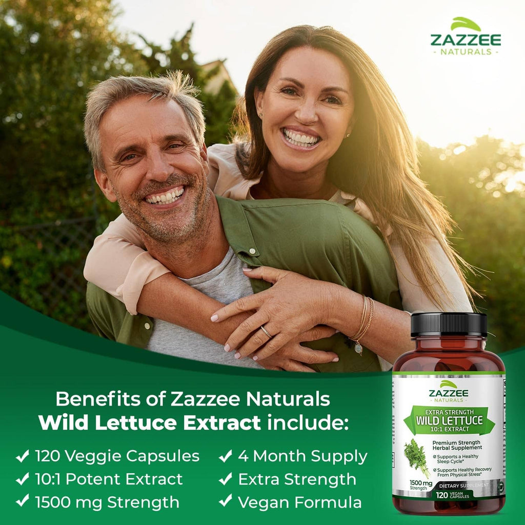 Wild lettuce extract supplement bottle held by smiling couple outdoors