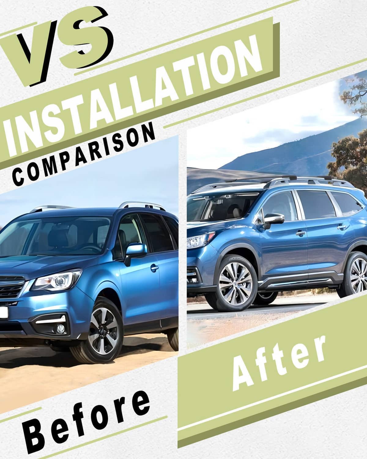 Roof rack installation comparison showing black cross bars on an SUV roof