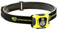 Yellow Streamlight headlamp with elastic black strap and dual-lens LED light