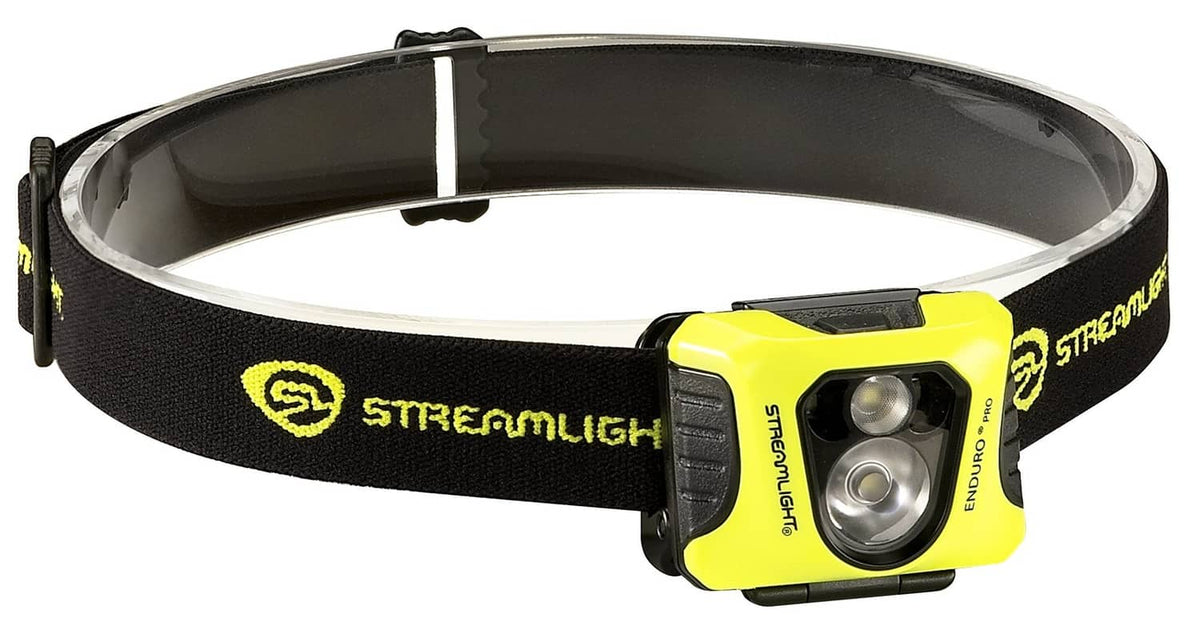 Yellow Streamlight headlamp with elastic black strap and dual-lens LED light