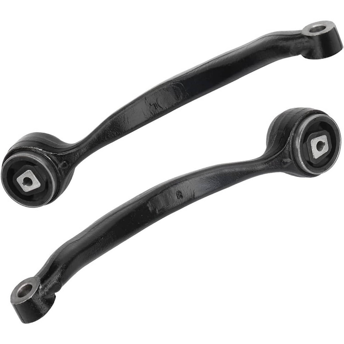 Two black front control arms with bushings and ball joint sockets