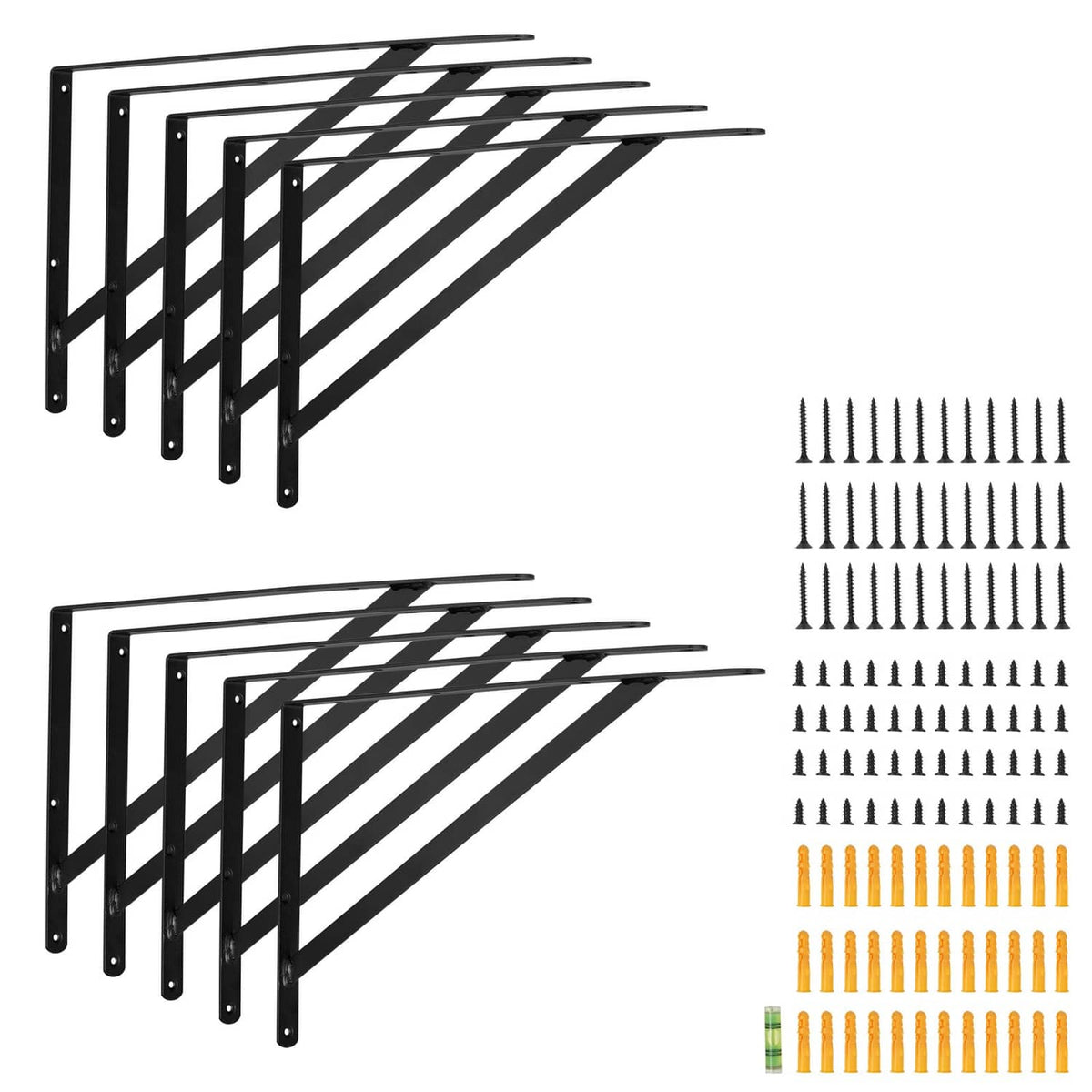 Triangular shelf bracket set, black steel supports with matching screw pack