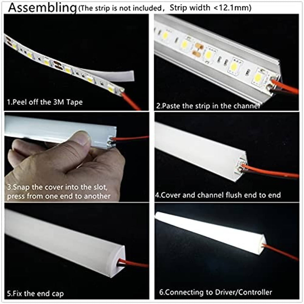 V-shaped LED strip channel assembly: 3M tape, snap-on cover, end caps, wiring setup